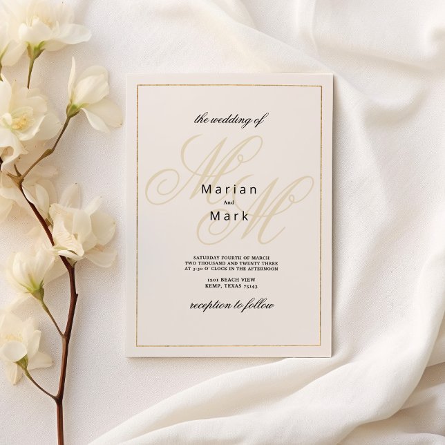 Invitación Boda de las iniciales del monograma de oro de marf (Geometrical ivory gold monogram initials Wedding )
