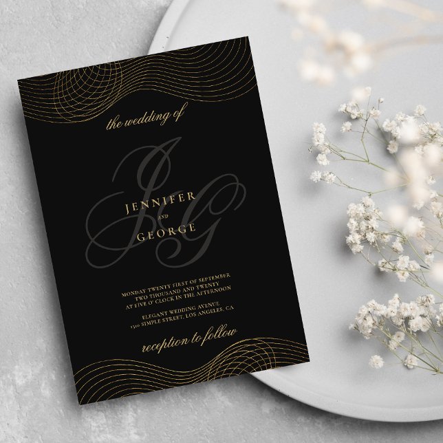 Invitación Boda de las iniciales del monograma de oro negro g (Geometric black gold monogram initials wedding)