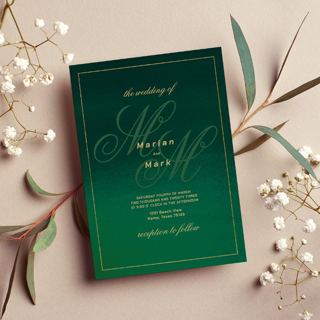 Invitación Boda de las iniciales del monograma de oro verde f (Forest green gold monogram initials Wedding )
