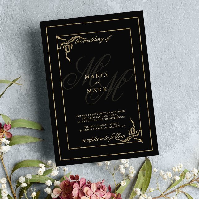 Invitación Boda de las iniciales del monograma del arco de or (Geometric black gold bow monogram initials wedding )