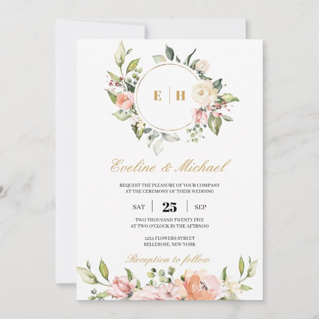 Invitación Boda de las iniciales del monograma floral rosa bo (Anverso)