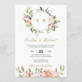 Invitación Boda de las iniciales del monograma floral rosa bo