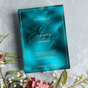 Invitación Boda de las iniciales del monograma metálico turqu
