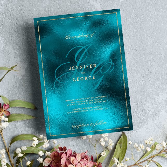 Invitación Boda de las iniciales del monograma metálico turqu (Turquoise metallic monogram initials wedding)