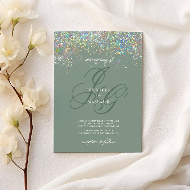 Invitación Boda de las iniciales del purpurina de la menta de (Holographic gold mint glitter initials wedding)