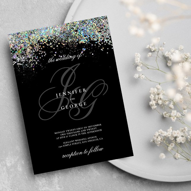 Invitación Boda de las iniciales del purpurina de plata dorad (Holographic gold silver glitter initials wedding)