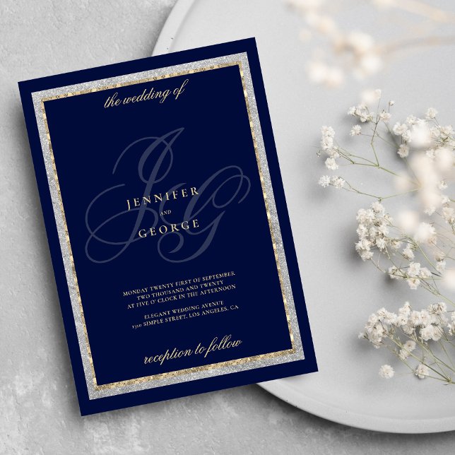 Invitación Boda de las iniciativas de monograma azul marino d (Gold silver navy blue monogram initials wedding)