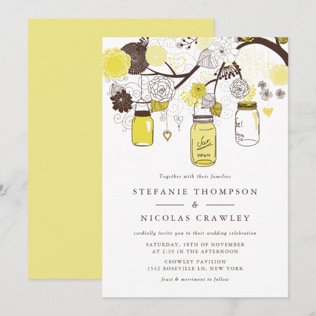 Invitación Boda de las jarras de mason colgando amarillo (Anverso / Reverso)
