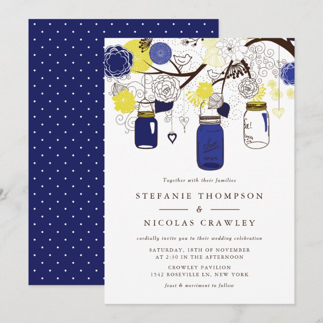 Invitación Boda de las jarras de mason colgando amarillo y az (Anverso / Reverso)