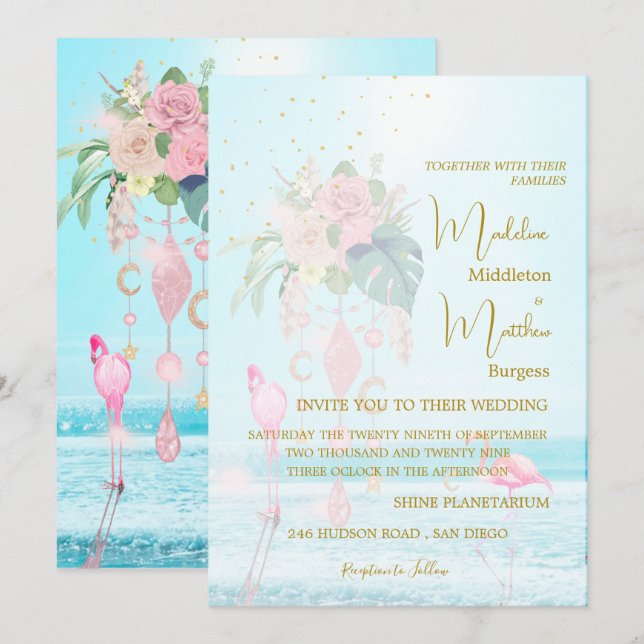 Invitación Boda de las joyas azules de Flamingos costeros (Anverso / Reverso)