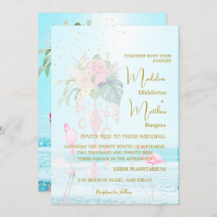 Invitación Boda de las joyas azules de Flamingos costeros