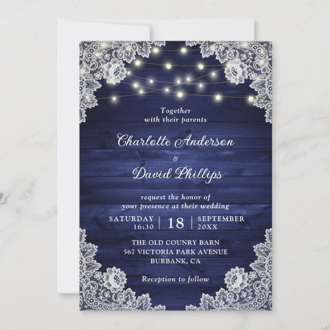 Invitación Boda de las luces de cadena azul de la Marina Rust (Anverso)