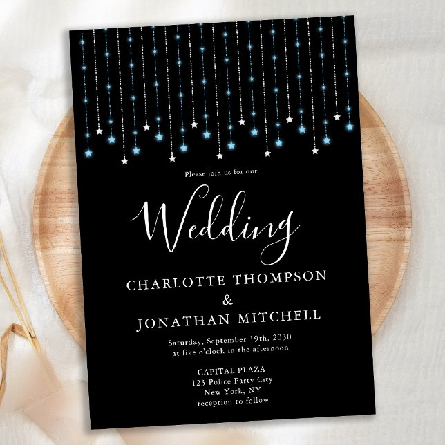 Invitación Boda de las luces de cadena Black Blue Silver Star (Subido por el creador)