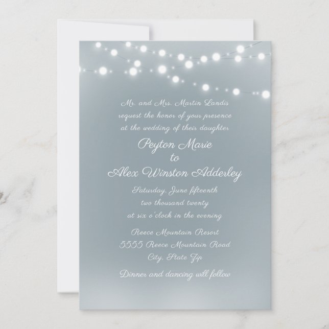 Invitación Boda de las luces de cadena blanca azul y polvorie (Anverso)