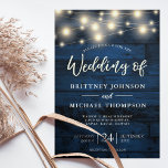 Invitación Boda de las luces de cadena de madera azul de la M<br><div class="desc">Esta rústica plantilla de invitación a la boda inspirada en el boho presenta luces de cuerda con un fondo rústico de madera marina.</div>