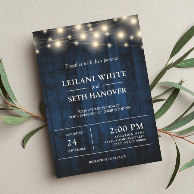 Invitación Boda de las luces de cadena de madera azul de la M (Subido por el creador)