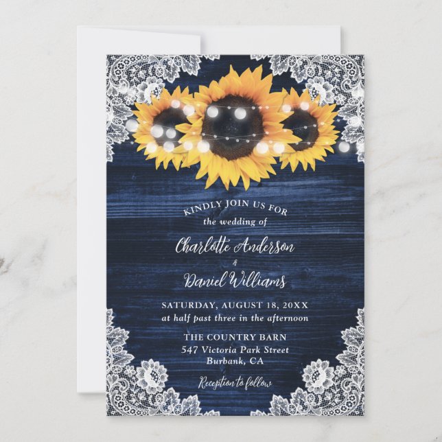 Invitación Boda de las luces de cadena de madera de girasol a (Anverso)