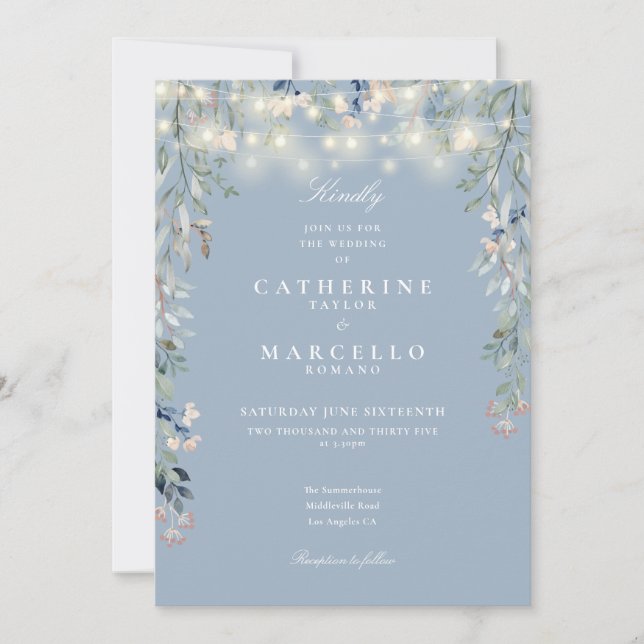 Invitación Boda de las luces de cadena Dusty Blue Wildflowers (Anverso)