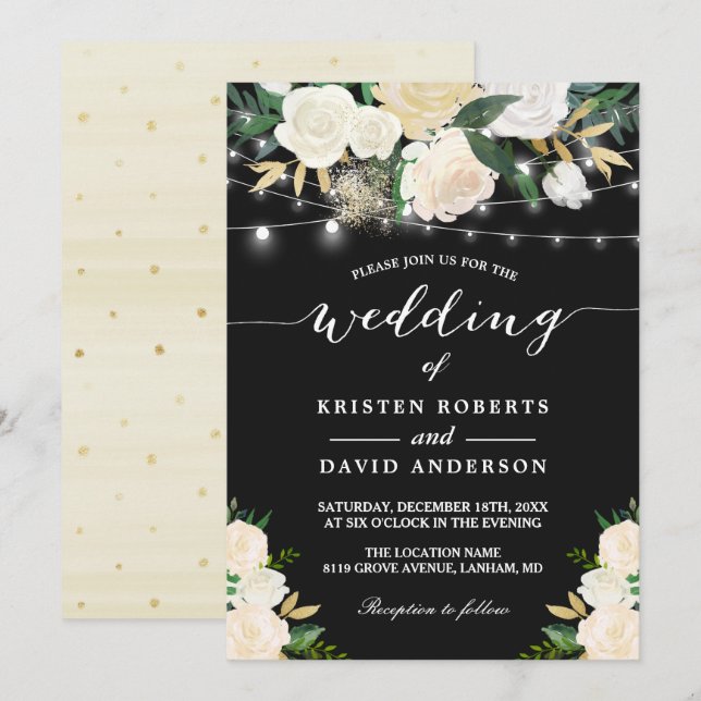 Invitación Boda de las luces de cadena floral blanca de marfi (Anverso / Reverso)