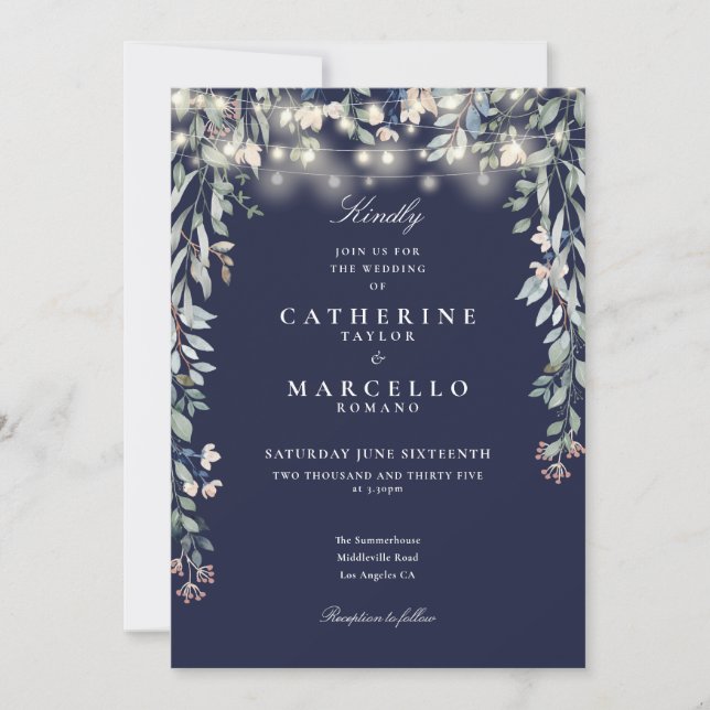 Invitación Boda de las luces de cadena Navy Blue Wildflowers (Anverso)