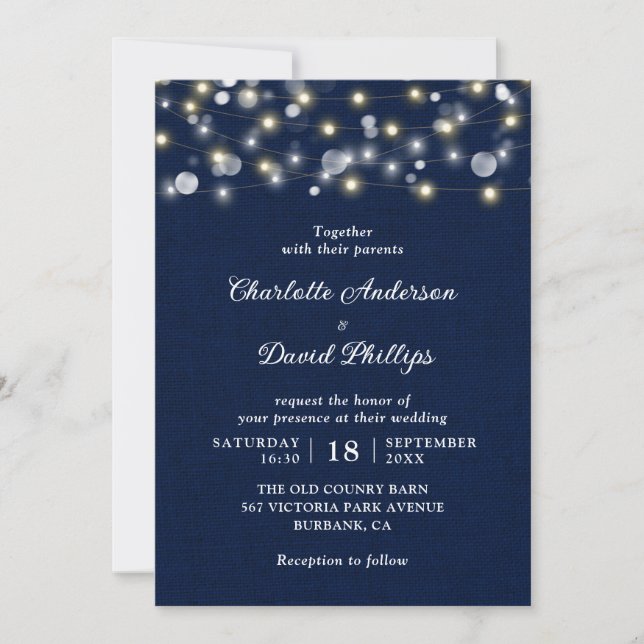 Invitación Boda de las luces de cadena rustica azul de la Mar (Anverso)