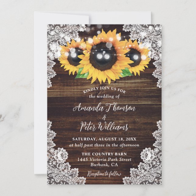 Invitación Boda de las luces de cuerda de encaje de madera rú (Anverso)