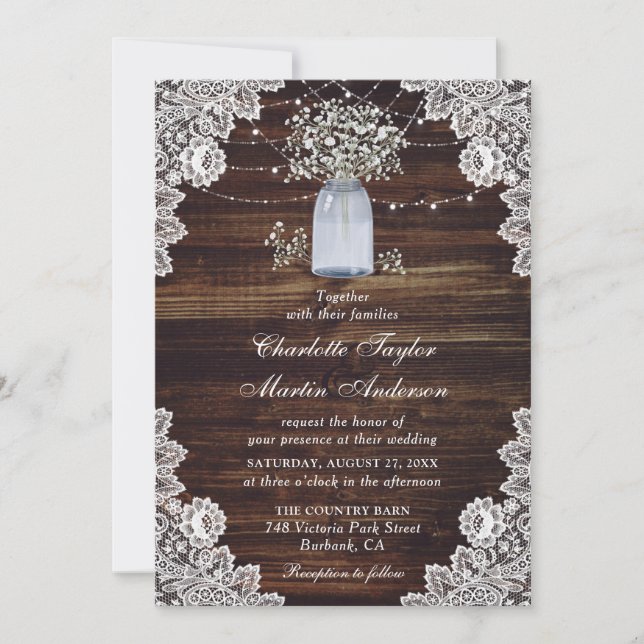 Invitación Boda de las luces de encaje de madera rústica para (Anverso)