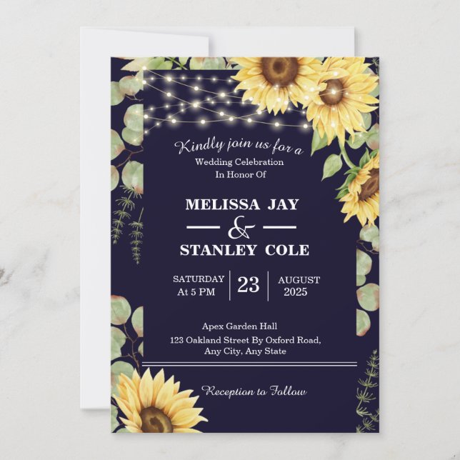 Invitación Boda de las luces de Eucalipto azul de la marina (Anverso)