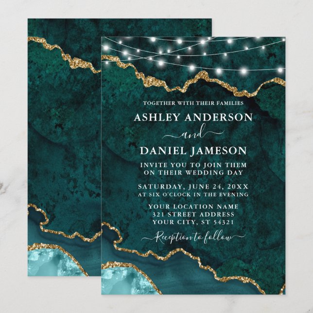 Invitación Boda de las luces de geodo de la marble Verde azul (Anverso / Reverso)