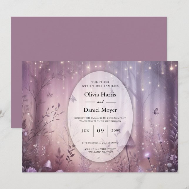 Invitación Boda de las luces de hadas de lavanda mágica (Anverso / Reverso)