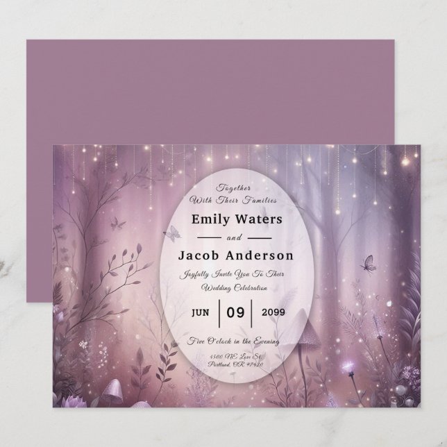 Invitación Boda de las luces de hadas de lavanda mágica (Anverso / Reverso)