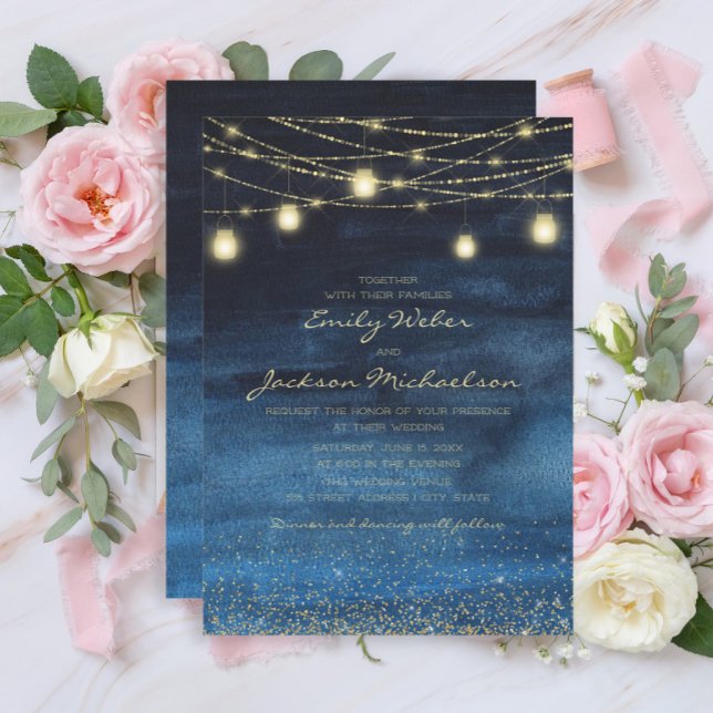 Invitación Boda de las luces de hadas del Purpurina de oro az (Navy blue and gold string lights wedding invitation)