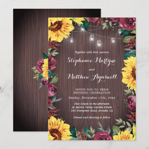 Invitación Boda de las luces de la maderera floral de borgoña