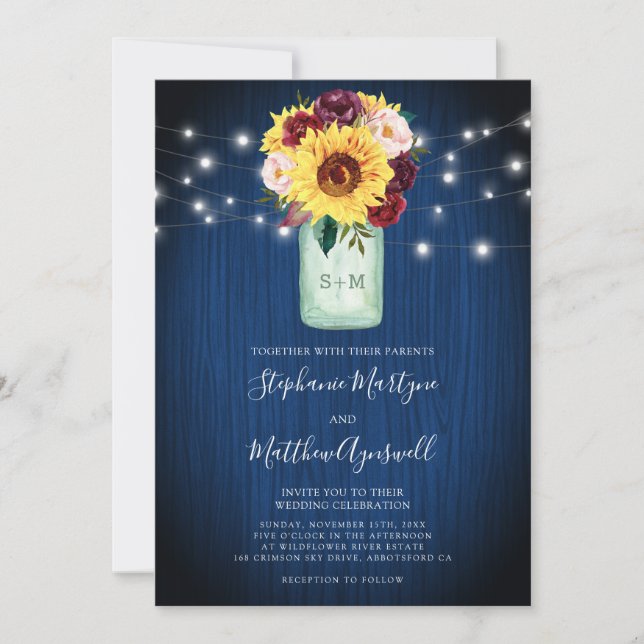 Invitación Boda de las luces de la marina de girasol Blue Mas (Anverso)