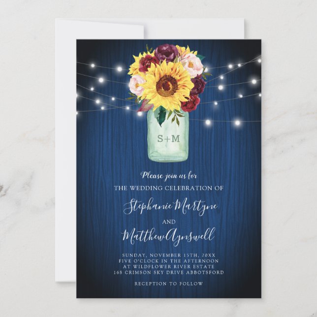 Invitación Boda de las luces de madera azul de Sunflower Maso (Anverso)