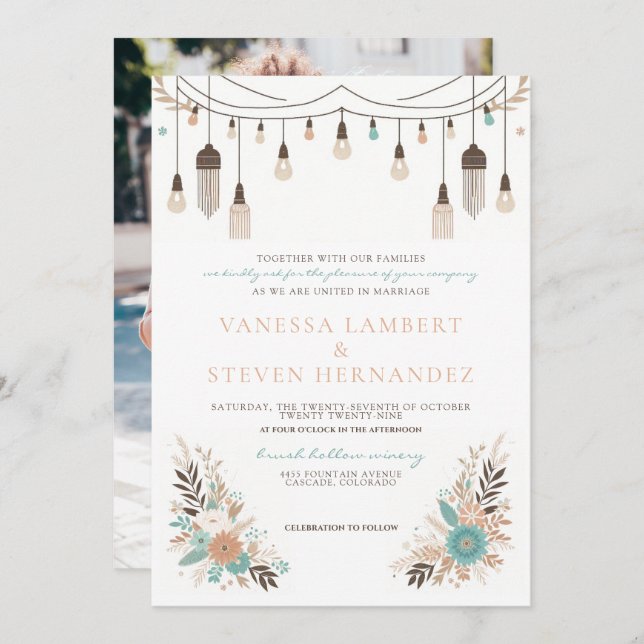 Invitación Boda de las Luces Florales Boho (Anverso / Reverso)