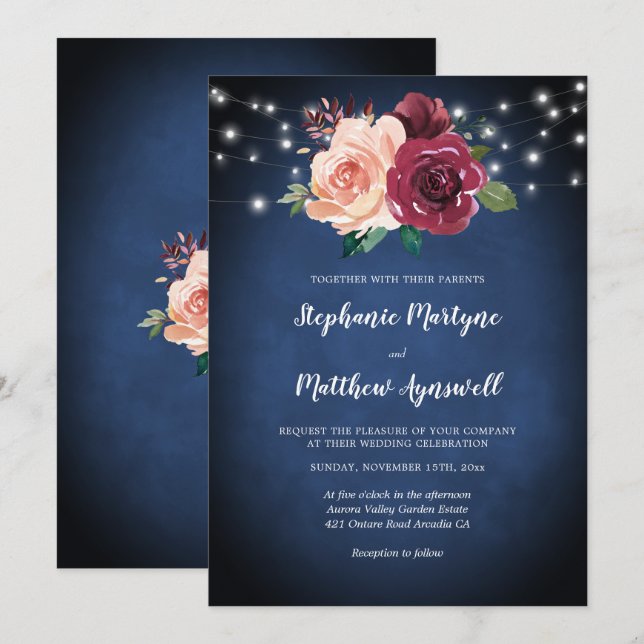 Invitación Boda de las luces florales de Rubor de la Marina B (Anverso / Reverso)