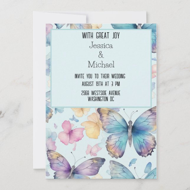 Invitación Boda de las mariposas azules brillantes (Anverso)