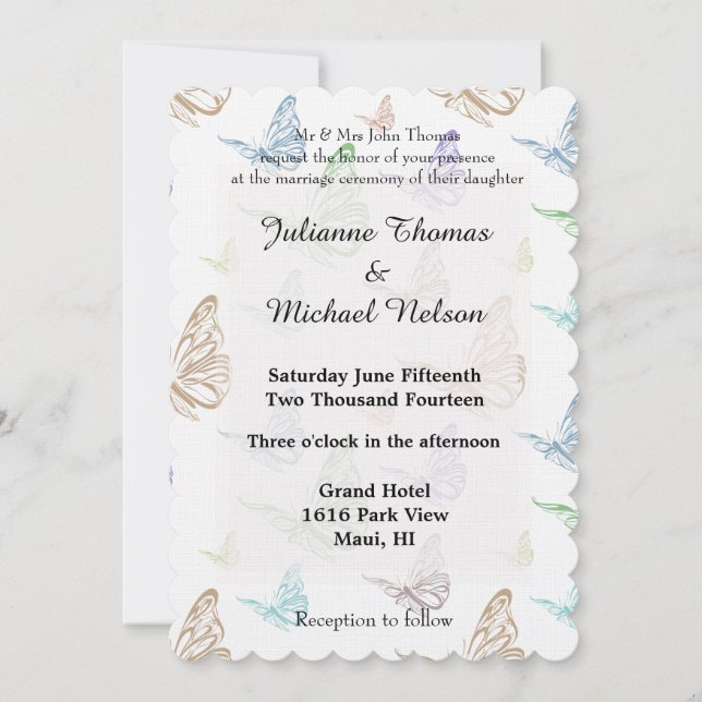 Invitación Boda de las mariposas Pastel (Anverso)