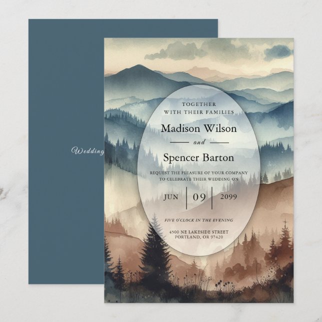 Invitación Boda de las montañas azul y marrón Mocha (Anverso / Reverso)