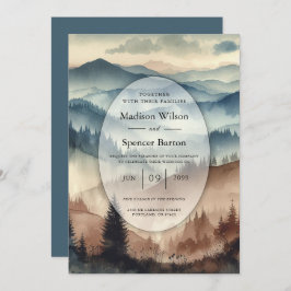 Invitación Boda de las montañas azul y marrón Mocha