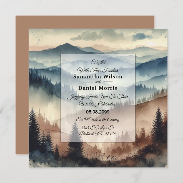 Invitación Boda de las montañas azul y marrón Mocha (Anverso / Reverso)