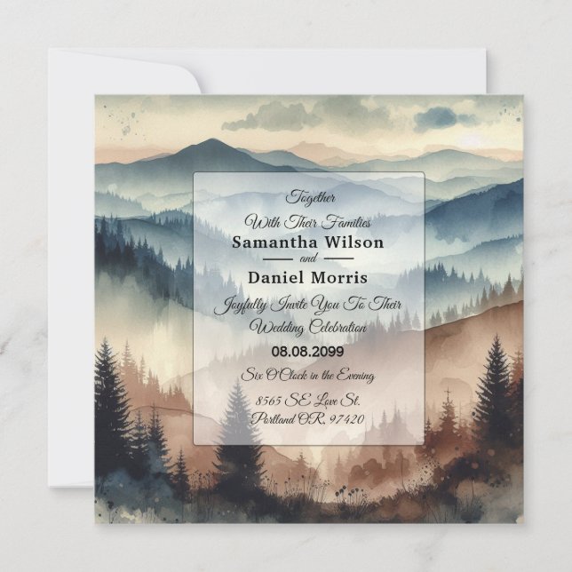 Invitación Boda de las montañas azul y marrón Mocha (Anverso)