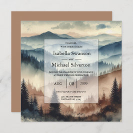 Invitación Boda de las montañas azul y marrón Mocha