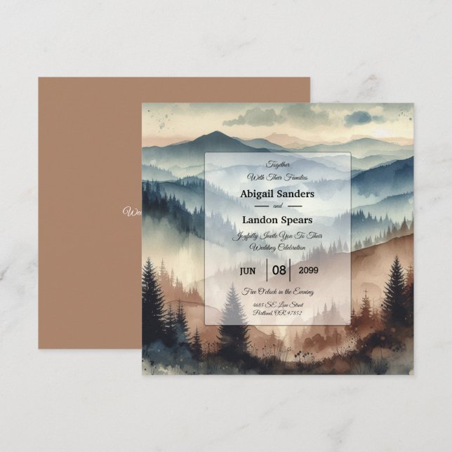 Invitación Boda de las montañas azul y marrón Mocha (Anverso / Reverso)