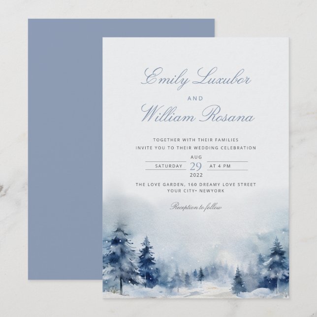 Invitación Boda de las Montañas de la Nieve Azul de Invierno (Anverso / Reverso)