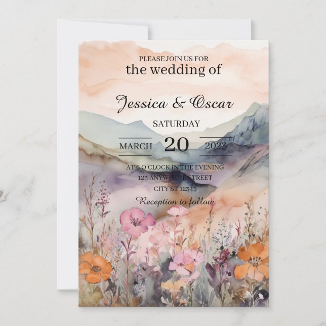 Invitación Boda de las montañas de la primavera floral acuare (Anverso)