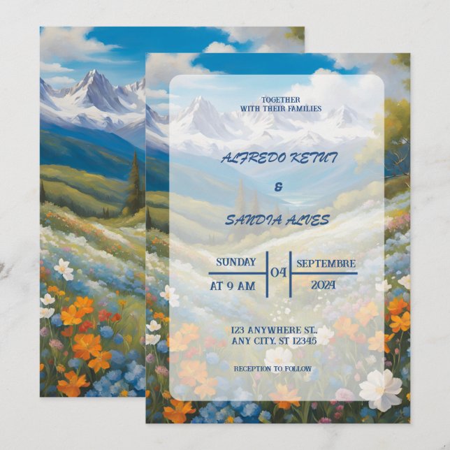 Invitación Boda de las montañas de la primavera floral acuare (Anverso / Reverso)