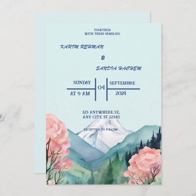 Invitación Boda de las montañas de la primavera floral acuare (Anverso / Reverso)