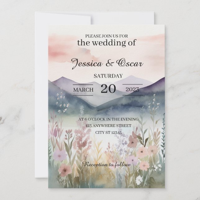 Invitación Boda de las montañas de la primavera floral acuare (Anverso)